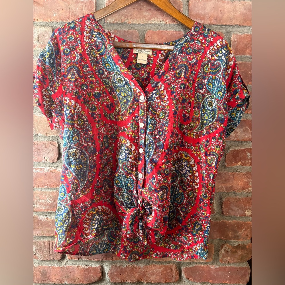 Lucky Brand Paisley Button-Down Tie-Front Top